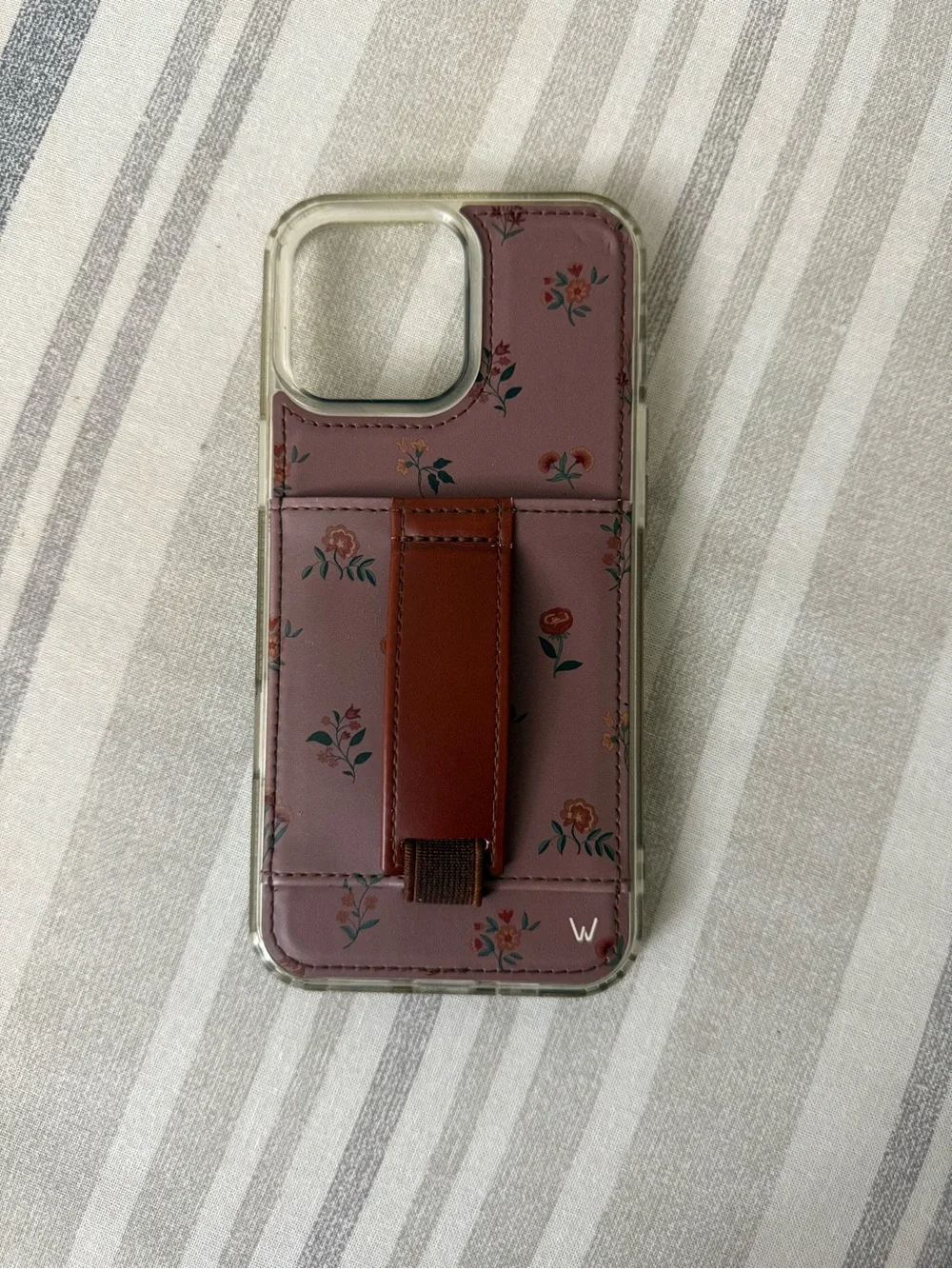 Floral Mauve Walli Case with Brown Strap Card Grip